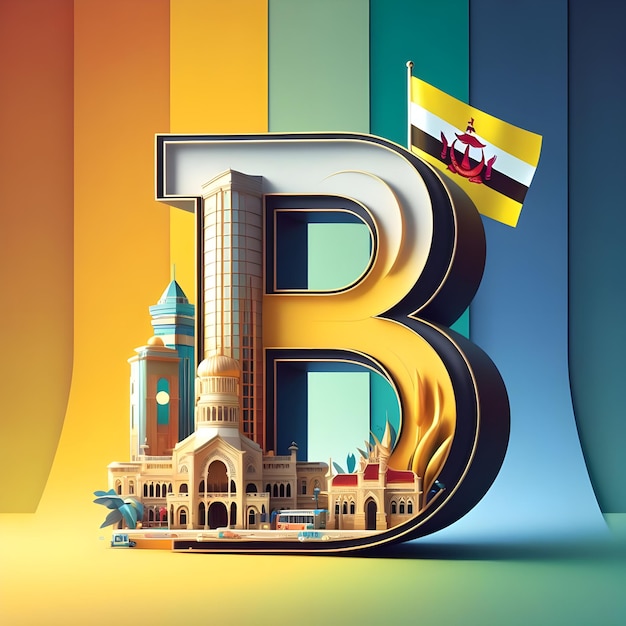Représentation 3D de la lettre B sur le fond coloré de la capitale et du drapeau du Brunei