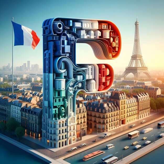 Représentation 3D de la lettre F sur le fond coloré de la capitale et du drapeau de la France