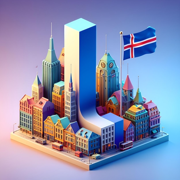 Représentation 3D de la lettre que j'ai placée sur le fond coloré de la capitale et du drapeau d'Islande
