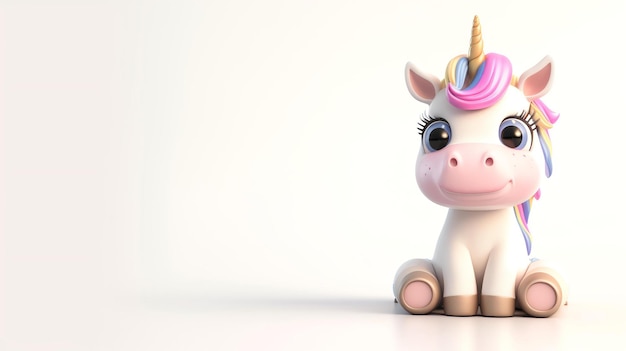 Une représentation 3D magique d'une adorable licorne avec des couleurs vives et une pose ludique sur un fond blanc vif Idéal pour ajouter une touche d'enchantement à n'importe quel projet créatif ou