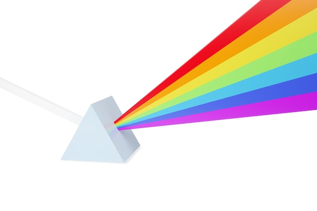 Représentation abstraite d'un rayon de lumière frappant un prisme et se dispersant dans un spectre de couleurs illustration 3d