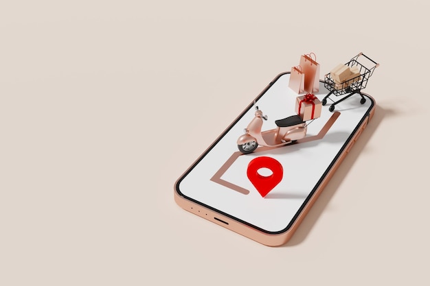 Une représentation des achats en ligne et de la livraison des produits représentée sur une carte au-dessus d'un rendu 3d pour smartphone