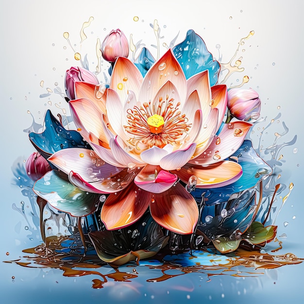 Représentation artistique à l'aquarelle fleur de lotus avec des éclaboussures de peinture