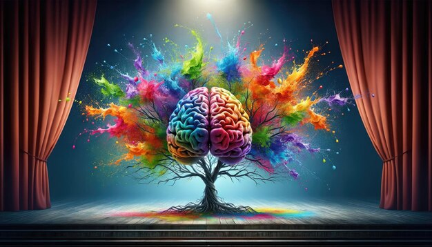 Une représentation artistique d'un cerveau humain avec une explosion vibrante de couleurs et de feuilles symbolisant la créativité et les idées