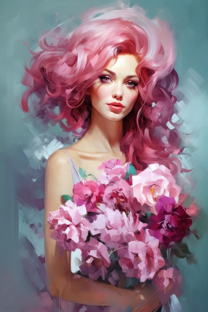 représentation artistique colorée de femme aux cheveux roses avec des fleurs belle dame dans le style de l'impressionnisme peinture à l'huile pour carte postale de salut décoration couverture d'affiche imprimée image verticale