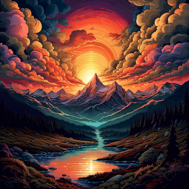 Une représentation artistique d'un coucher de soleil dans les montagnes