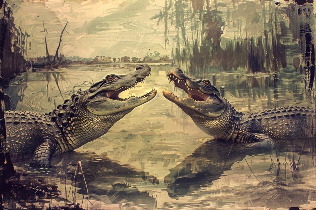 Photo une représentation artistique d'époque de deux crocodiles qui s'affrontent férocement dans un marais marécageux