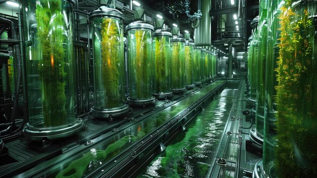 représentation artistique d'une installation de production de biocarburants à partir d'algues avec des réservoirs et des tubes remplis de liquide vert