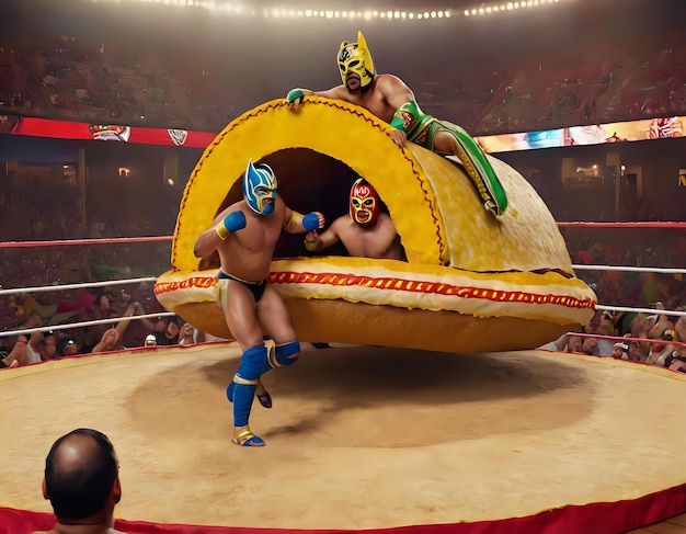 Photo une représentation capricieuse d'un match de lucha libre se déroulant sur une coquille de taco géante