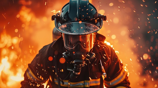 Photo une représentation cinématographique d'un exercice d'entraînement de pompier capturant un pompier en pleine vitesse avançant héroïquement vers le spectateur créé en utilisant un train de pompiers de style cinématographique ai génératif