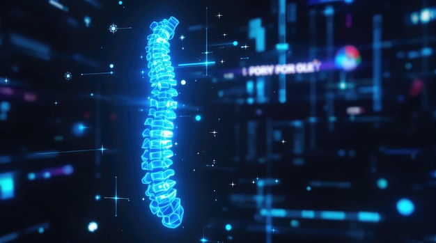 Représentation d'une colonne vertébrale humaine en rendu numérique bleu entourée de données et d'éléments technologiques la nuit AI générative