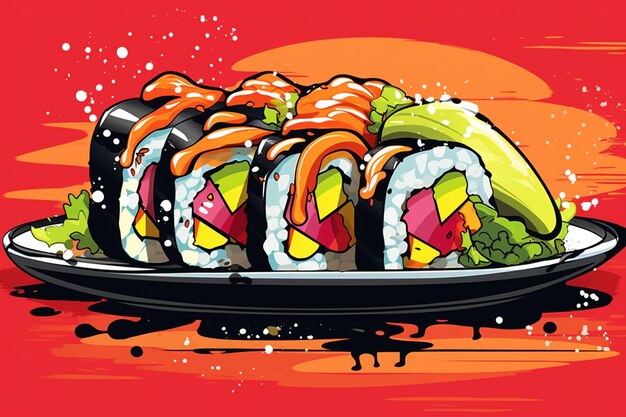 Photo une représentation colorée de sushi roll popart sushi