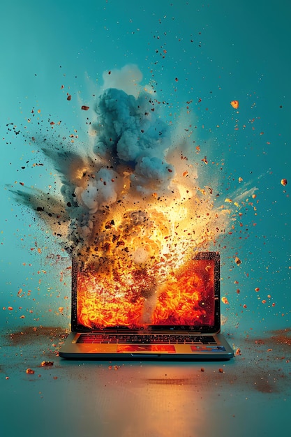 Photo une représentation conceptuelle d'un ordinateur portable explosant avec un effet d'explosion dynamique