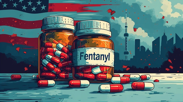 Photo représentation de la crise des opioïdes aux états-unis arrière-plan urbain avec des pilules de fentanyl