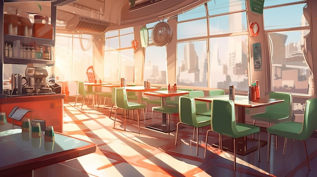 une représentation de dessin animé d'un restaurant avec des sièges de couleur verte