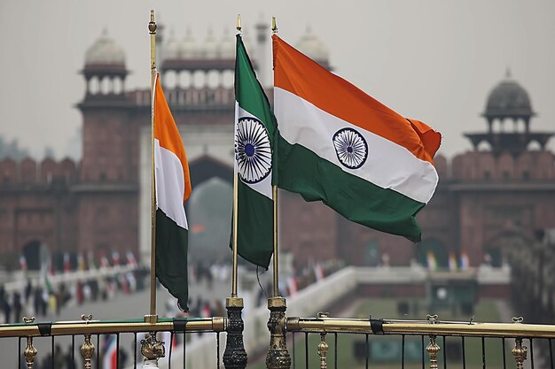 Représentation détaillée et réaliste des drapeaux indien et pakistanais hissés pendant la cérémonie de fermeture de la frontière