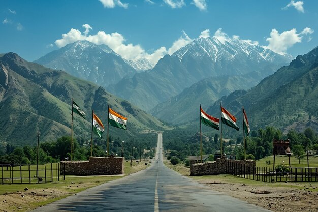 Représentation détaillée et réaliste des drapeaux indien et pakistanais hissés pendant la cérémonie de fermeture de la frontière