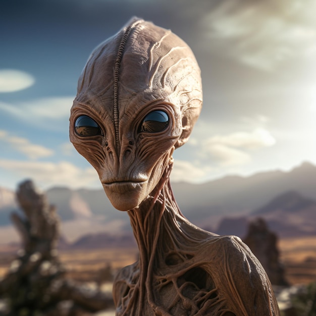 Représentation détaillée et réaliste d'une forme de vie extraterrestre située dans les limites d'une terre extraterrestre