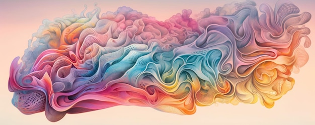 représentation à écran large d'un cerveau humain fait de lignes complexes dans un gradient d'arc-en-ciel pastel rêveur