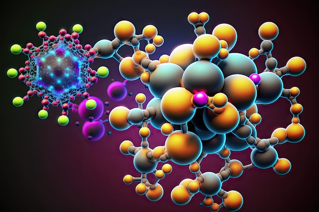 Représentation graphique de la science des nanotechnologies avec des molécules et des atomes créés avec générative