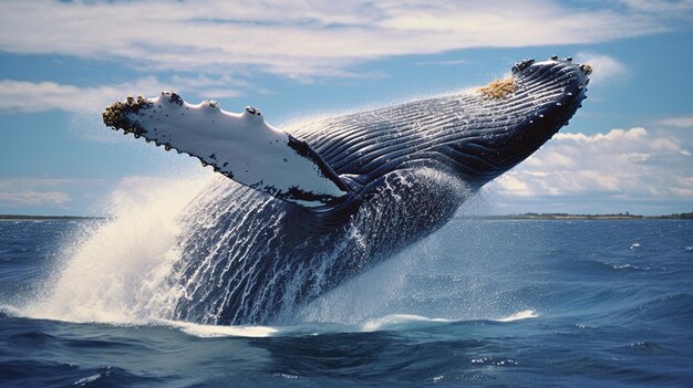 Photo représentation hyperréaliste d'une baleine à bosse royale brisant la surface de l'océan à chaque vague