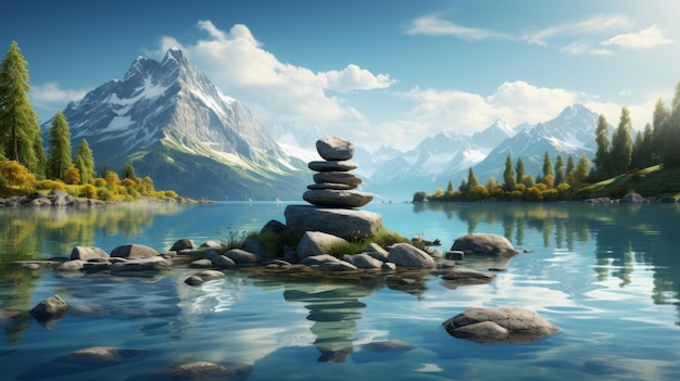 Une représentation hyperréaliste mettant en vedette une pyramide de pierres située au milieu d'un paysage de tranquillité.