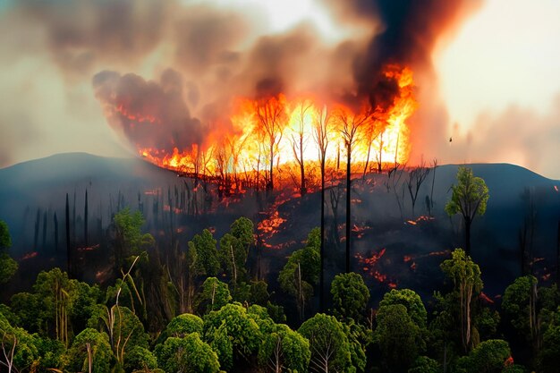 Représentation des incendies de forêt dans une jungle tropicale perte de biodiversité et libération de carbone