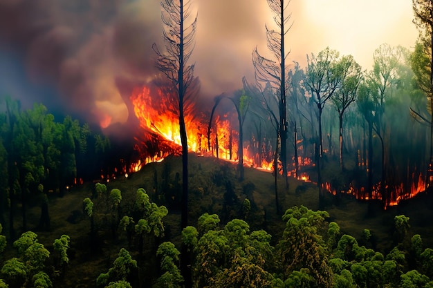 Représentation des incendies de forêt dans une jungle tropicale perte de biodiversité et libération de carbone