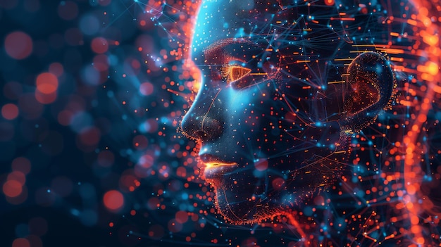Représentation numérique abstraite d'un visage humain avec des connexions de réseau neuronal brillantes