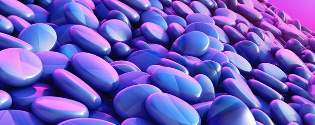 Représentation panoramique de pilules pharmaceutiques stylisées dans un gradient bleu et violet relaxant