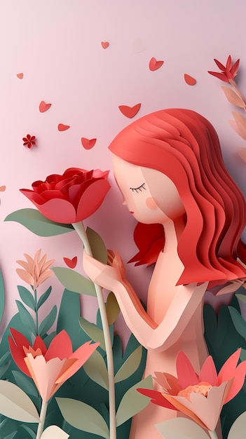 Une représentation sur papier d'une fille aux cheveux roux admirant une grande rose rouge parmi des fleurs roses et