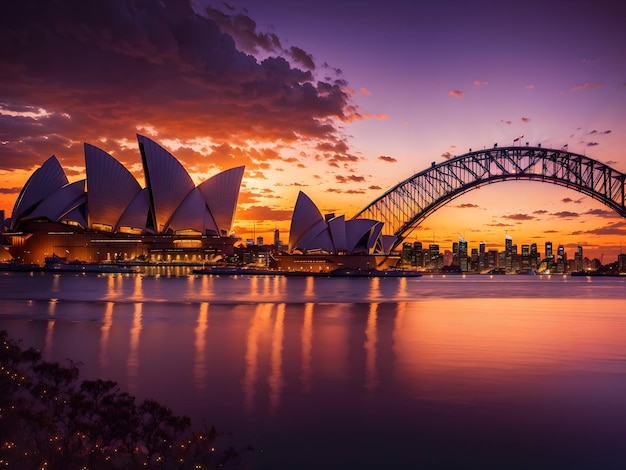 Une représentation photoréaliste à couper le souffle du port de Sydney au crépuscule générée par ai