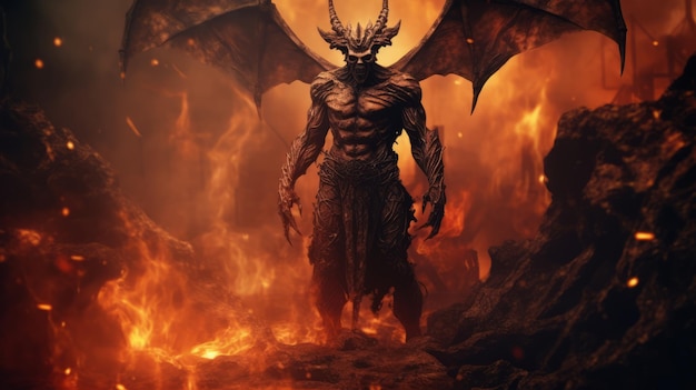 Une représentation photoréaliste d'un démon ailé en enfer