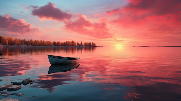 Représentation réaliste d'un coucher de soleil calme au bord d'un lac