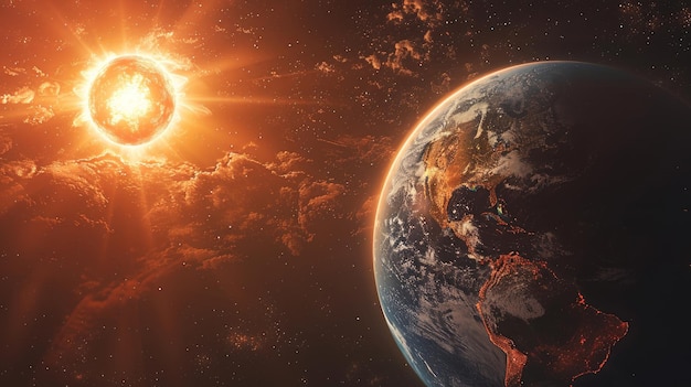 Une représentation réaliste du soleil, de la Terre et de Mars dans l'espace montrant leur distance l'une de l'autre