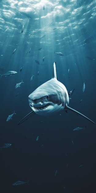 Représentation réaliste d'un grand requin blanc nageant sous l'eau avec des poissons et la lumière du soleil