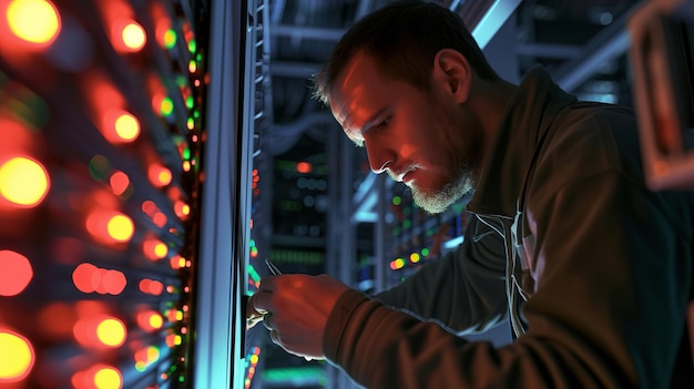 Une représentation d'un spécialiste informatique travaillant méticuleusement sur un serveur dans une salle de serveur faiblement éclairée mettant en évidence les détails complexes du matériel du serveur et les spécialistes se concentrent sur l'IA générative