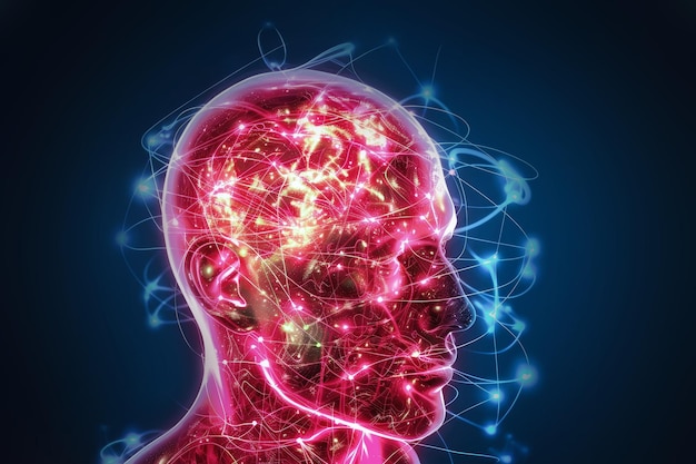 Une représentation surréaliste par ordinateur d'une tête humaine évoquant la complexité et l'intelligence à travers des détails et des couleurs intricats