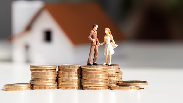 Représentation symbolique d'un jeune couple sur une pile de pièces illustrant l'objectif d'épargner pour une ho