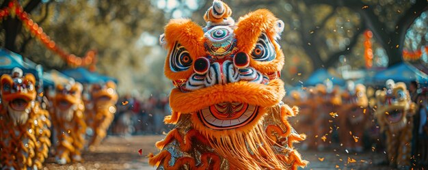 Une représentation traditionnelle de la danse du lion à l'arrière-plan captivant