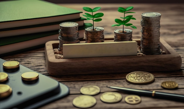 Une représentation visuelle du concept de pension avec des pièces de monnaie et une pousse sur une table en bois souligne la nécessité d'une planification des investissements à long terme pour assurer un avenir financier stable