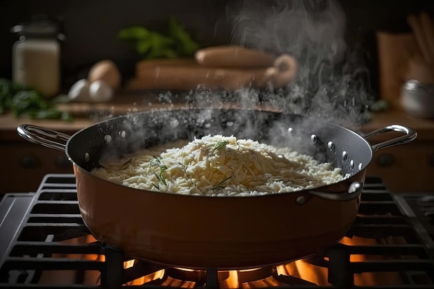 Représentation visuelle générée par l'IA du processus de fabrication du risotto, de la préparation des ingrédients à la cuisson et au service