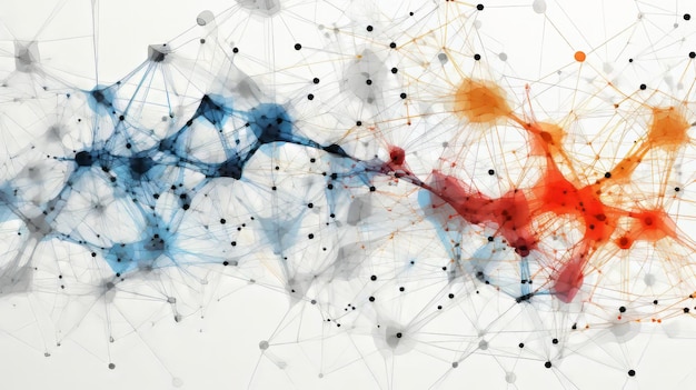 Une représentation visuelle de réseaux neuronaux avec des nœuds interconnectés et des informations en flux, représentant les processus de calcul et les capacités d'apprentissage des systèmes d'IA.