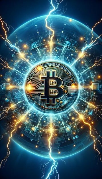 Une représentation vivante d'un symbole Bitcoin entouré de courants électriques et de faisceaux lumineux représentant c
