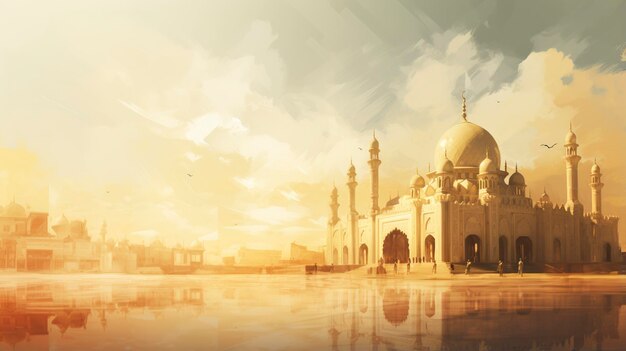 Représente une belle mosquée islamique en mettant l'accent sur les détails architecturaux rendus dans une impression