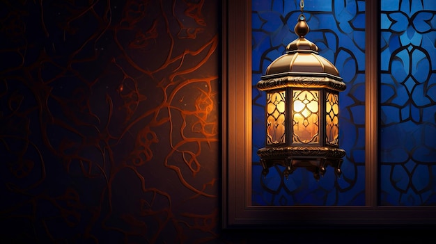 Représente une lanterne islamique en se concentrant sur les détails architecturaux rendus dans un style impressionniste