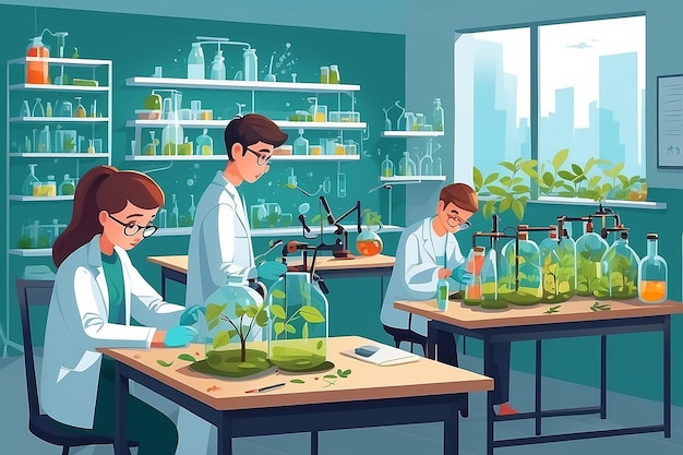 Représentez un laboratoire de biologie avec des étudiants menant des expériences sur les effets écologiques des pesticides