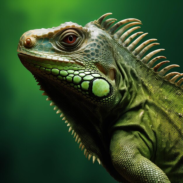 Reprise réaliste de la tête d'iguane verte sur un fond vert