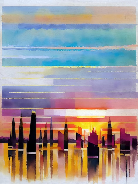 Reproduction d'illustration abstraite de peinture de coucher de soleil d'aquarelle