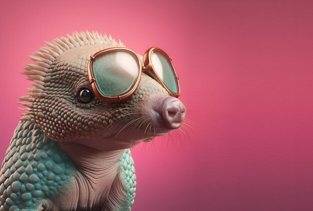Un reptile avec des lunettes de soleil et une tête bleue sur fond rose